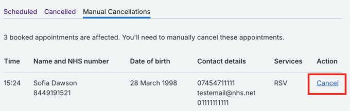 Manual cancellations screen