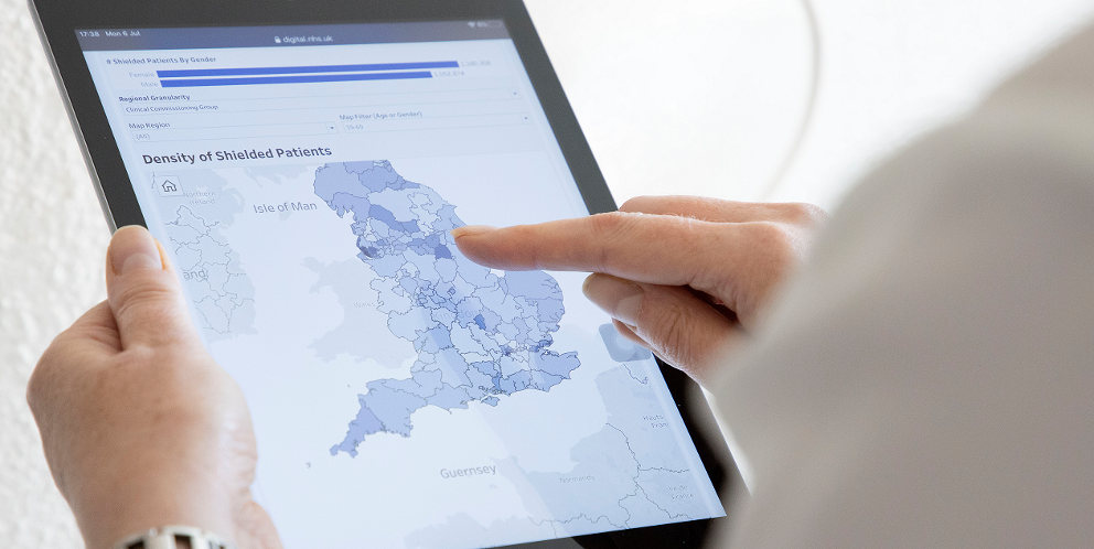Image of tablet screen showing map of UK density shielded patients